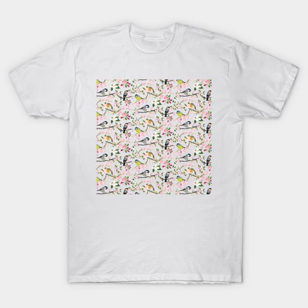 Garden Bird Illustration Pattern T-Shirt by LThomasDesigns